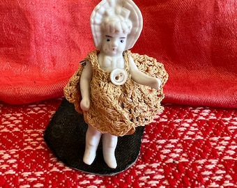 Rare Darling 1880 Germany Bisque Miniature 3 1/2" Doll With Crochet Dress Molded Bonnet & Hair on Stand