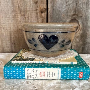 Charming Vintage Handmade Rowe Pottery Works Salt Glaze 1981 Bowl Cobalt Blue Heart Valentine Gift Cambridge WI Stoneware Rustic Farmhouse