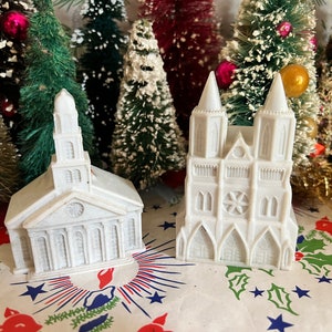 Retro Vintage White Hard Plastic Christmas Church Buildings Ornate Architecture Xmas Village Putz Houses