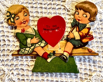 Kitsch 1920s Mechanical Die Cut Valentines Card Boy & Girl on Teeter Totter "To My Sweetheart"