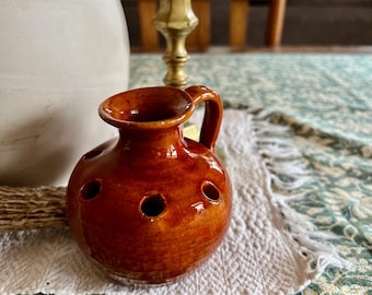 Vintage Redware Pottery Flower Vase One Handled Small Jug Glazed Terracotta Reddish-Brown Multiple Opening Stamped Bottom Handmade MakerMark