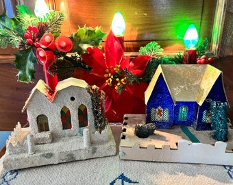 Kitschy Vintage Christmas Putz Houses White Cellophane Windows Dark Blue Gold Roof Mica Glitter Japan Mid-Century 5"Approx.Choose From Menu