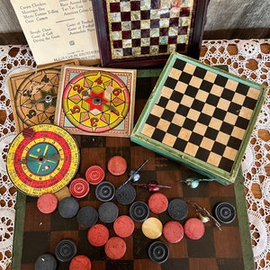 Vintage Game Boards & Pieces, Spinners, Folk Art Checkerboard, Peg Board, Metal Horse Game Pieces, Mini Checkerboard, Booklet Choose in Menu