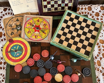 Vintage Game Boards & Pieces, Spinners, Folk Art Checkerboard, Peg Board, Metal Horse Game Pieces, Mini Checkerboard, Booklet Choose in Menu