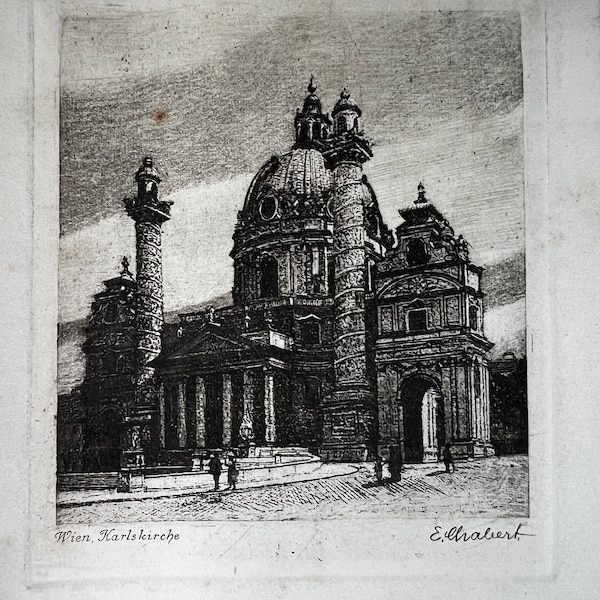 Karlskirche Vienna Austria Pen & Ink Baroque Church Architecture Drawing Antique Card Stock German Writing Suitable for Framing