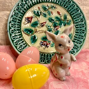 Adorable Cuteness Vintage Japan White With Red Ceramic Easter Bunny Figurine 4&quot; Tall Kitschy