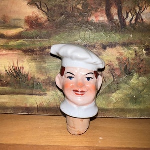 Rare Antique German Ceramic Chef Cook Bottle Stopper Pourer Germany Porcelain Wine Corks Hand Painted Decorative Cork Toppers