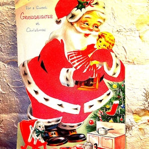 Jolie carte de Noël vintage très grande avec le père Noël floue pour une petite-fille adorable et présentoir de décoration de Noël