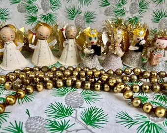 Sweet Spun Cotton Mica Glitter Angel Christmas Ornaments Figurines Vintage Japan Mid-Century Retro Xmas