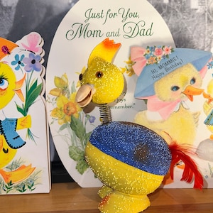 Kitschy Easter Decoration Candy Container Vintage Paper Mache West Germany Yellow Blue Chick Candy Container Nodder Head