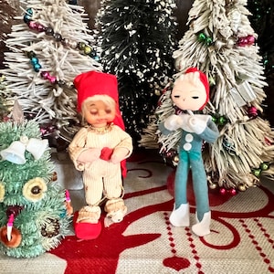 Kitschy Vintage Elf Pixie Doll Japan Mid-Century Christmas Knee Hugger Ornaments Red Stocking Caps Choose From Menu