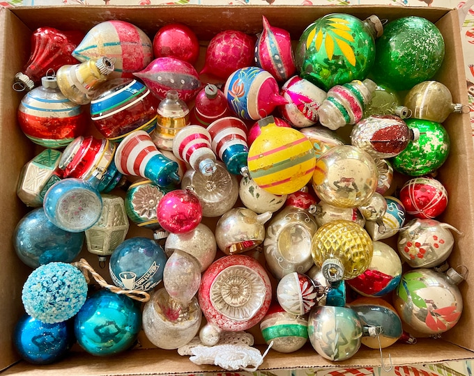 Collection of Vintage Nostalgic Old Glass Hand Blown and Mercury Glass Mid-Century Christmas Ornaments Retro Xmas Antique