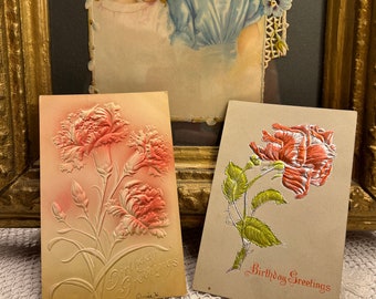 Pair of Lovely Antique Embossed High Shine Flowers Birthday Greetings Made in German Divided Postcard