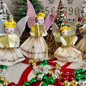 Sweet Vintage West Germany Musical Angels Made of Spun Cotton and Foil Wings Paper Bodies Set of 4 MCM Retro Christmas Tree Ornaments