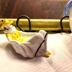 Playful Kitschy Figural Ceramic Clown Jester Lady Trinket Dish Yellow/White Hat/Dress Numbered & Maker's Mark English Crown