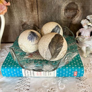 Puede incluir: Tres esferas decorativas blancas con diseños de plumas negras y azules se muestran en un cuenco de vidrio transparente sobre un libro azul turquesa titulado "Dominando el Arte de la Cocina Francesa" de Julia Child.
