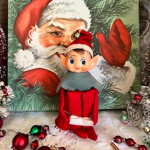 Kitschy Vintage Red Christmas Elf Knee Hugger Ornament Elf on a Shelf Japan Mid-Century Retro Holiday Tree Decorations