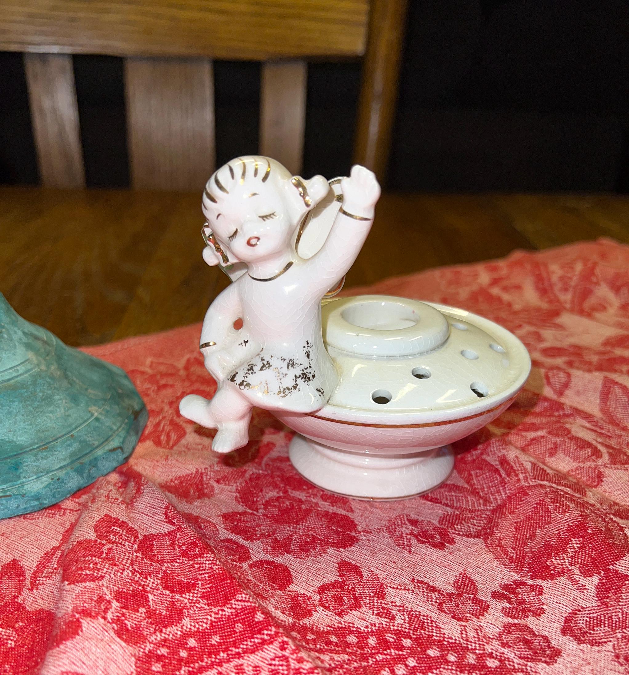 Vintage Norcrest Sitting Waving Pigtails Angel On Flower Frog White With Gold Ceramic Japan MCM Kitschy Christmas Cherub