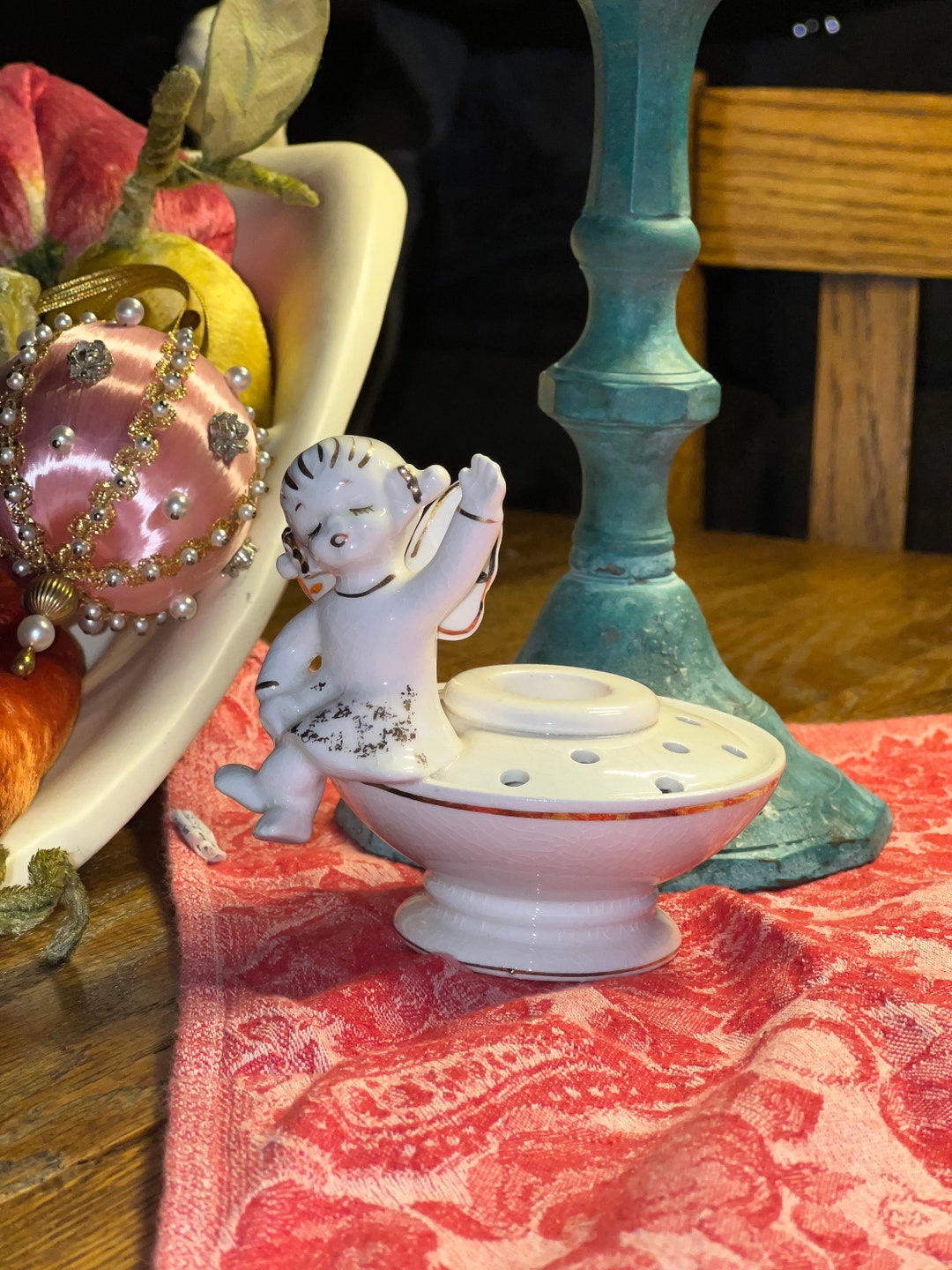 Vintage Norcrest Sitting Waving Pigtails Angel on Flower Frog White