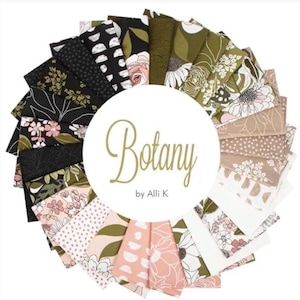 May include: A collection of 18 fabric squares featuring a variety of floral and geometric patterns in black, white, green, and pink. The fabric squares are arranged in a circle with the text "Botany by Alli K" in the center.