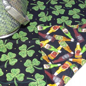 Table Linen Small Table Topper Centerpiece Basket Liner Reversible Shamrock and Beer Bottles