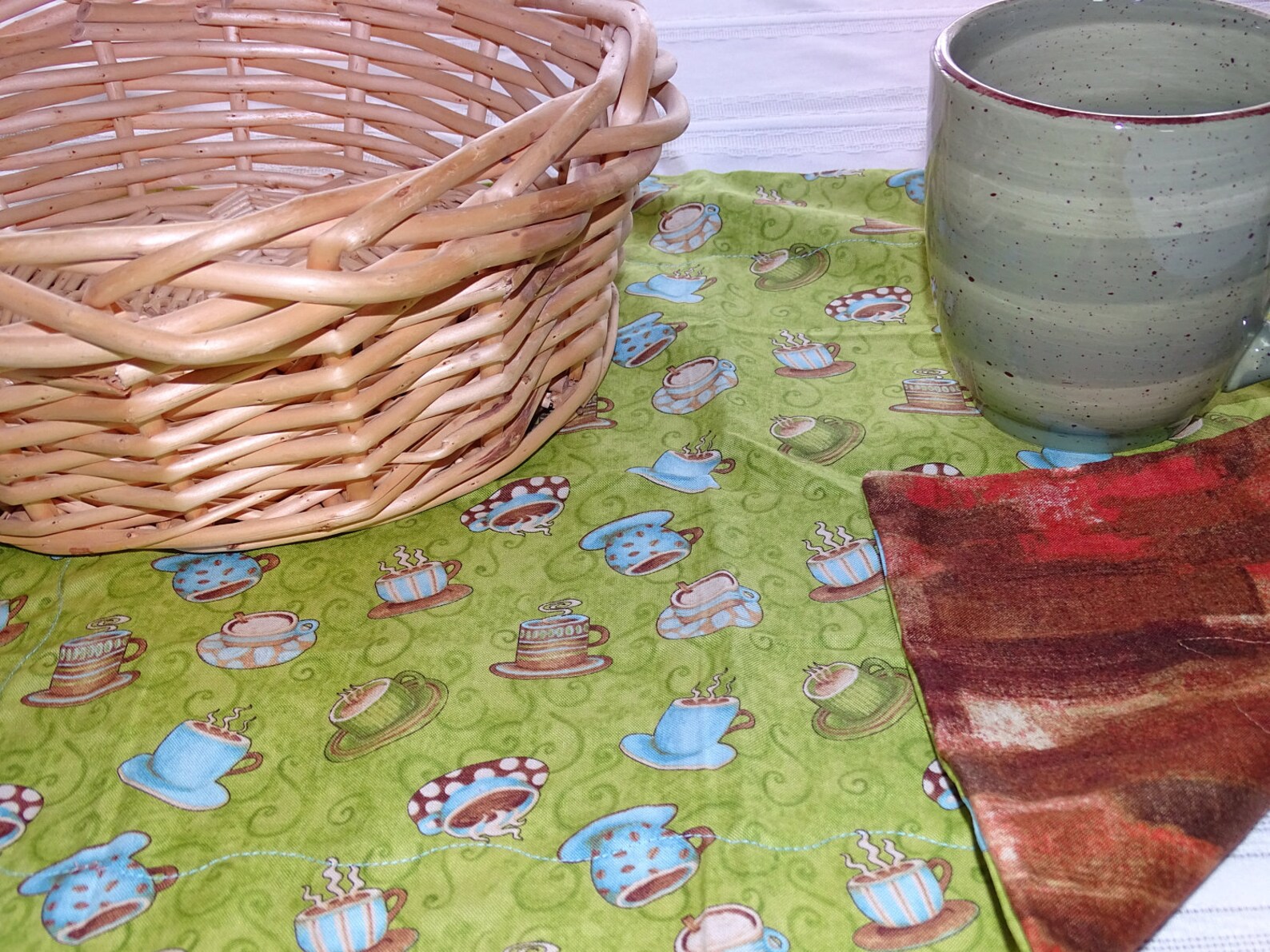 Table Topper Bread Cloth Basket Liner Coffee Cup Print Etsy