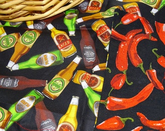 Table Topper Basket Liner Bread Cloth Reversible Hot Chile Peppers Beer Bottles Cinco de Mayo