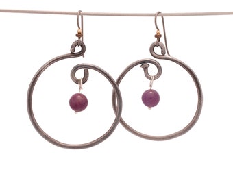 Ruby Hoops Made With Eco-Friendly Bicycle Spokes Earrings: With Customizable Ruby Beads July Birthstone