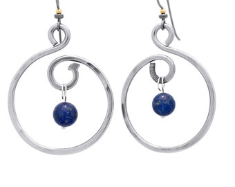 Lapis Lazuli Hoop Earrings Made From Eco-Recycled Bicycle Spokes: Customizable Boho Hoops With Lapis Lazuli Beads