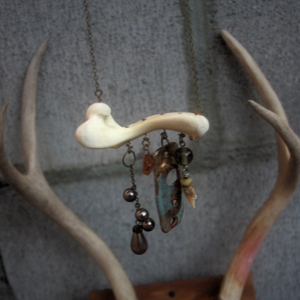 Real Bone Mobile Necklace with Found Object Charms - real bone jewelry