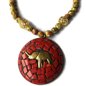 Jasper with Red Stone and Brass Mosaic pendant Statement Necklace