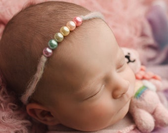 Pastel Rainbow Pearl Tie Back / Newborn Tie Back / Rainbow Baby Prop / Newborn Tie Back