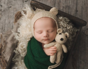 Oatmeal Bear Bonnet and Lovey / Bear Bonnet / Knit Bonnet / Newborn Photo Prop / Knit Newborn Prop / Teddy Bear Bonnet / Bear Prop / RTS