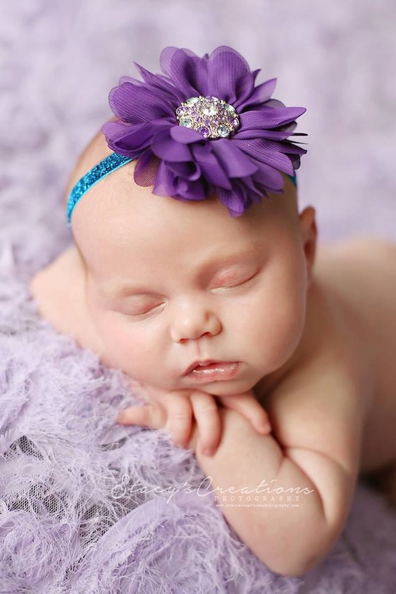 Beautiful Everly Purple and Turquoise Flower Headband, Baby Headband or Clip, Newborn Headband, Flower Headband, Newborn Photo Prop