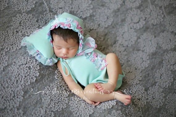 Newborn Pillow and Tie Back Set / Newborn Photo Prop / Dainty Tie Back / Aqua Romper / Aqua Bonnet