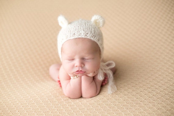 Ivory Bonnet / Bear Bonnet / Knit Bonnet / Ivory Bear Bonnet / Newborn Photography Prop / Baby Girl Prop / Newborn Prop / RTS
