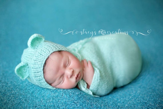 Mint Mohair Snuggle Sack and Bonnet / Mohair Wrap / Newborn Photo Prop / Knit Newborn Prop / Mohair Cocoon / Newborn Sack / RTS