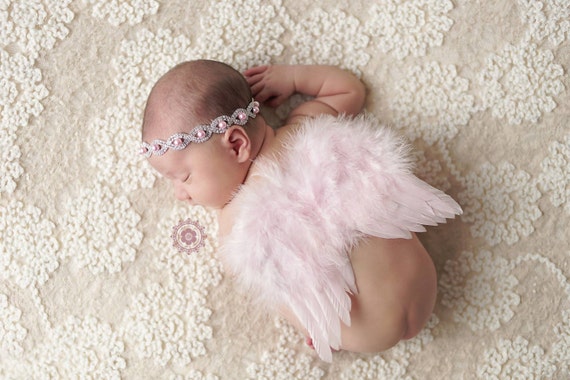 Pink Angel Wings and Rhinestone Headband, Newborn Wings, Newborn Wing Set, Newborn Photo Prop, Angel Wings, Photo Prop, Rhinestone Headband