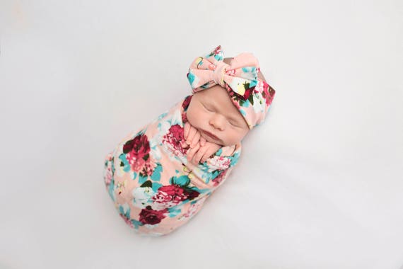 Knit Swaddle Blanket, Knot Headband, Headband Swaddle Set, Pink Floral Baby Blanket, Swaddling Blanket, Knit Blanket, Soft Baby Blanket,