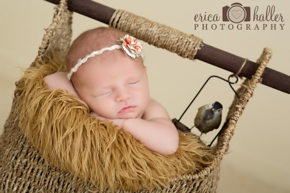 Petite Elegance Collection Grace in Ivory and Coral Organic Tie Back Headband or clip Beautiful Newborn Photo Prop Baby Headband
