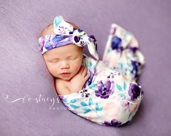 Lila Blumen Swaddle Decke / Schleifen Stirnband / Stirnband Swaddle Set / Leichte Babydecke / Wickeldecke / Baby Decke / Baby Geschenk