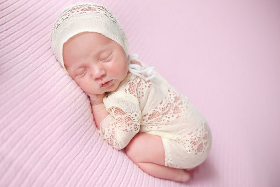 Lace Romper and Bonnet / Newborn Romper / Newborn Lace Romper / Ivory Lace Newborn Romper / Lace Bonnet / Newborn Photo Prop / RTS