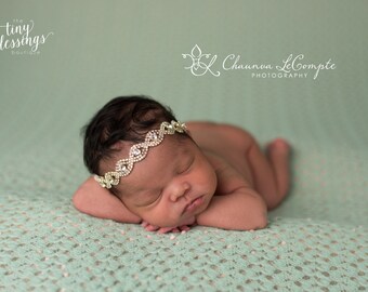 Gold Rhinestone Headband / Baby Girl Headband / Rhinestone Tie Back / Baptism Headband / Newborn Headband / Newborn Prop / Baby Headband