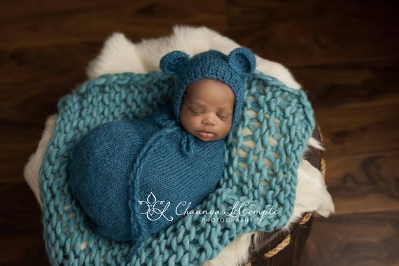 Sacco a pelo e cuffia a orsetto in maglia blu Sacco a pelo per
