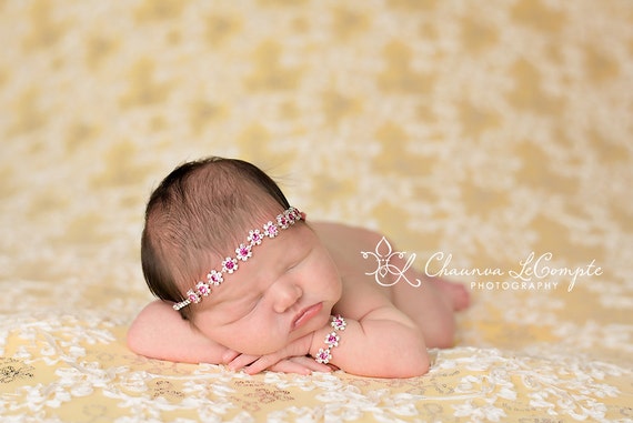 Tracey Stunning Fit for a Queen Newborn Pink Rhinestone Tie Back Baby Headband and Bracelet Set Halo Baby Crown Photo Prop