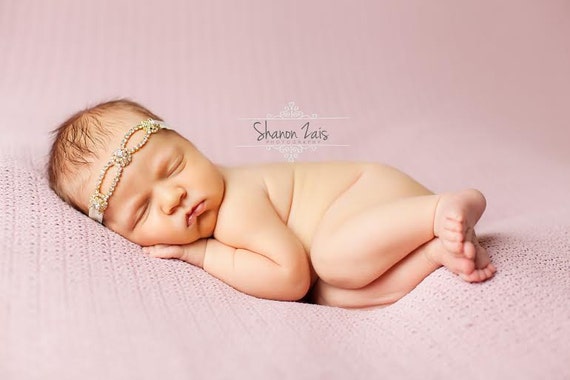 Madelynn Stunning Fit for a Queen Newborn Gold Finish and Rhinestone Tie Back Baby Headband Halo Baby Crown Photo Prop