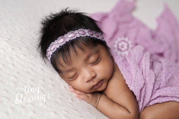 Petite Elegance Collection Petite Lavender and Purple Lace Halo Floral Baby Headband or Tie Back Beautiful Newborn Photo Prop Baby Tie Back