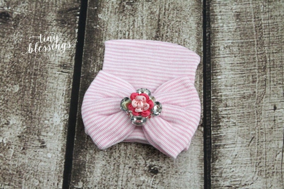 Pink Rhinestone Flower Newborn Hat, Newborn Hat, Baby Hat, Hospital Hat, Newborn Coming Home Outfit, Newborn Hospital Hat, Newborn Hat