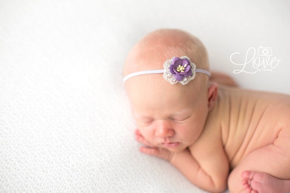 Lynn Newborn Purple Grape Flower and Rhinestone Headband or Tie Back Baby Halo Baby Crown Newborn Photo Prop Simple Headband