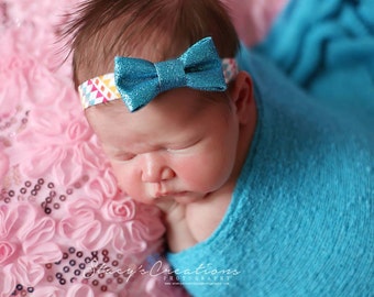 Turquoise Glitter Bow Headband, Mini Bow Headband, Baby Headband, Photo Prop, Gold Headband, Bow Headband, Chevron Headband, Aztec Headband